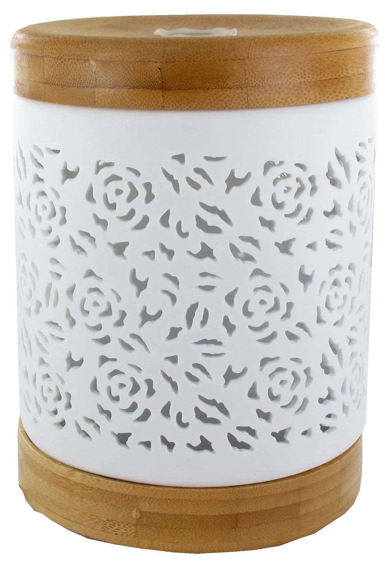 Witte keramische cilinder met bloemenpatroon en bamboe deksel en basis