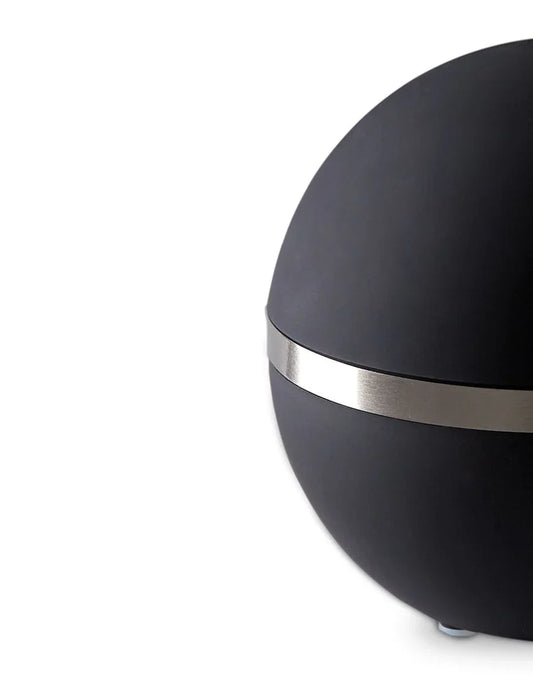 Ronde zwarte prullenbak met zilveren metalen band en matte afwerking op witte achtergrond