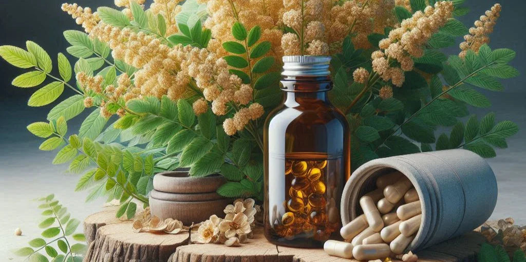 Boswellia serrata plant met groene bladeren en gele bloemen, hars capsules in een fles en pillen naast elkaar