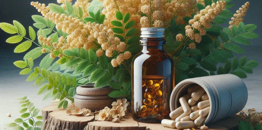 Boswellia serrata plant met groene bladeren en gele bloemen, hars capsules in een fles en pillen naast elkaar